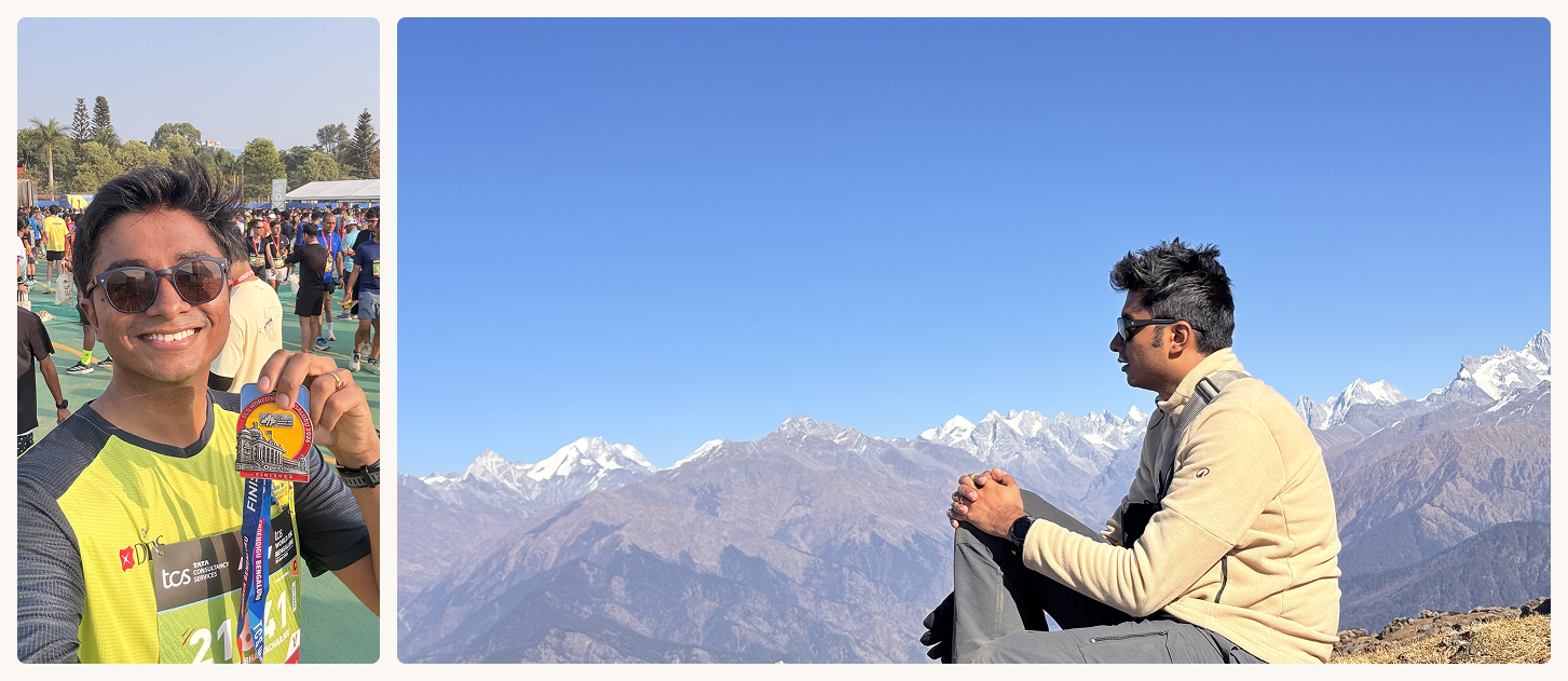 Arko after a race and seated in front of a Himalayan mountain range.