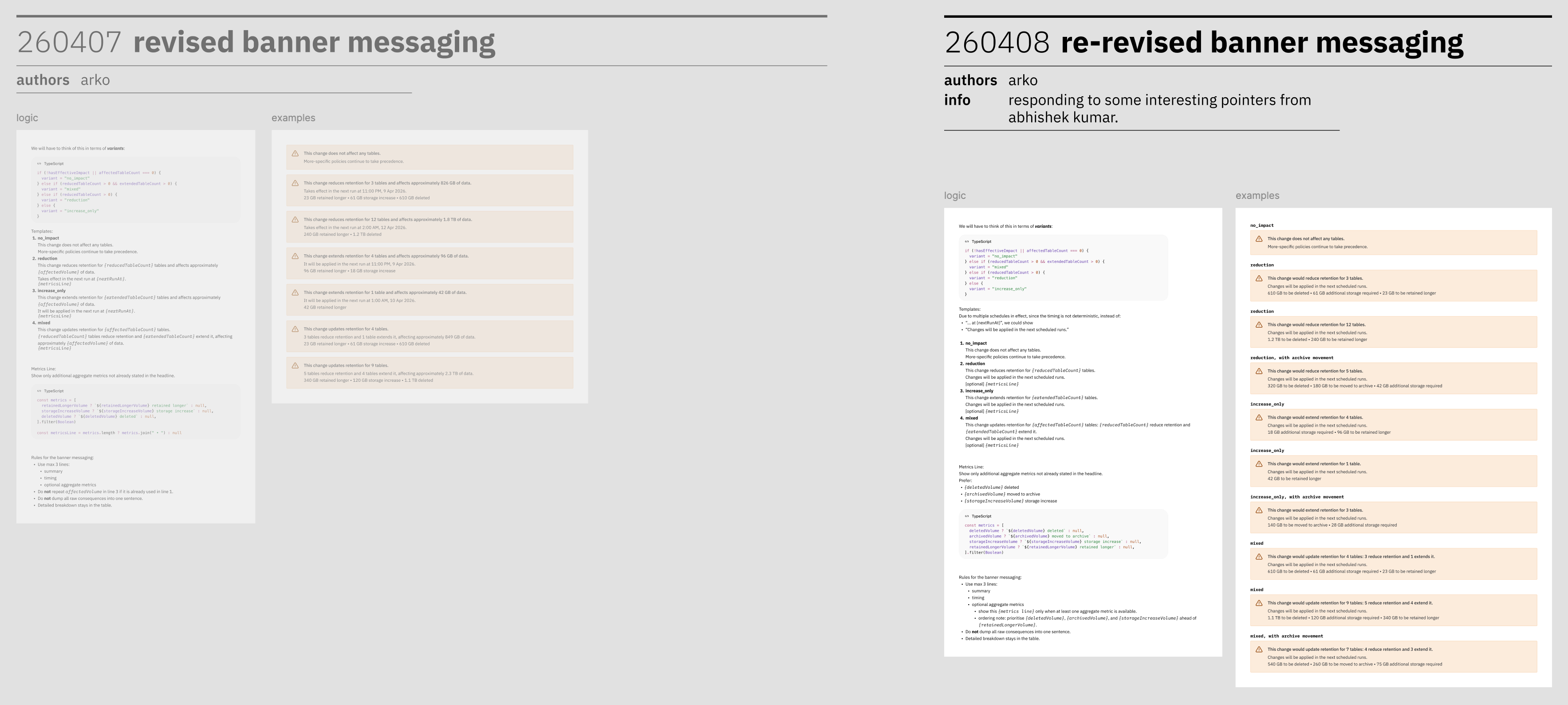 Two versions of product messaging documented side by side on a Figma canvas