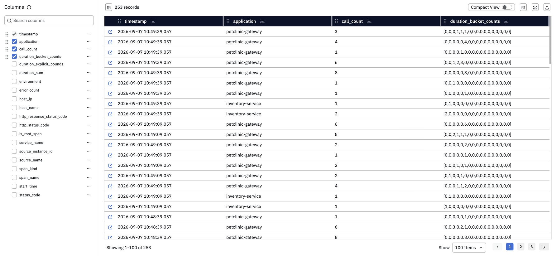 Current records table with a flat alphabetical columns checklist, dark header, and four visible fields