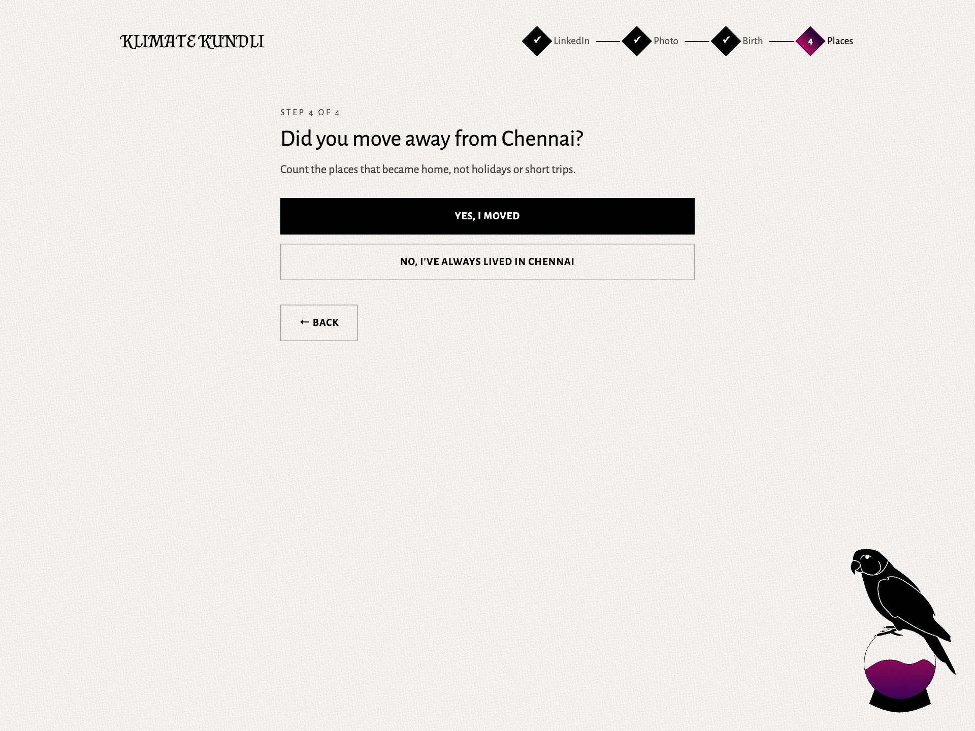 The September prototype asks whether the visitor moved away from Chennai, with separate Yes and No actions
