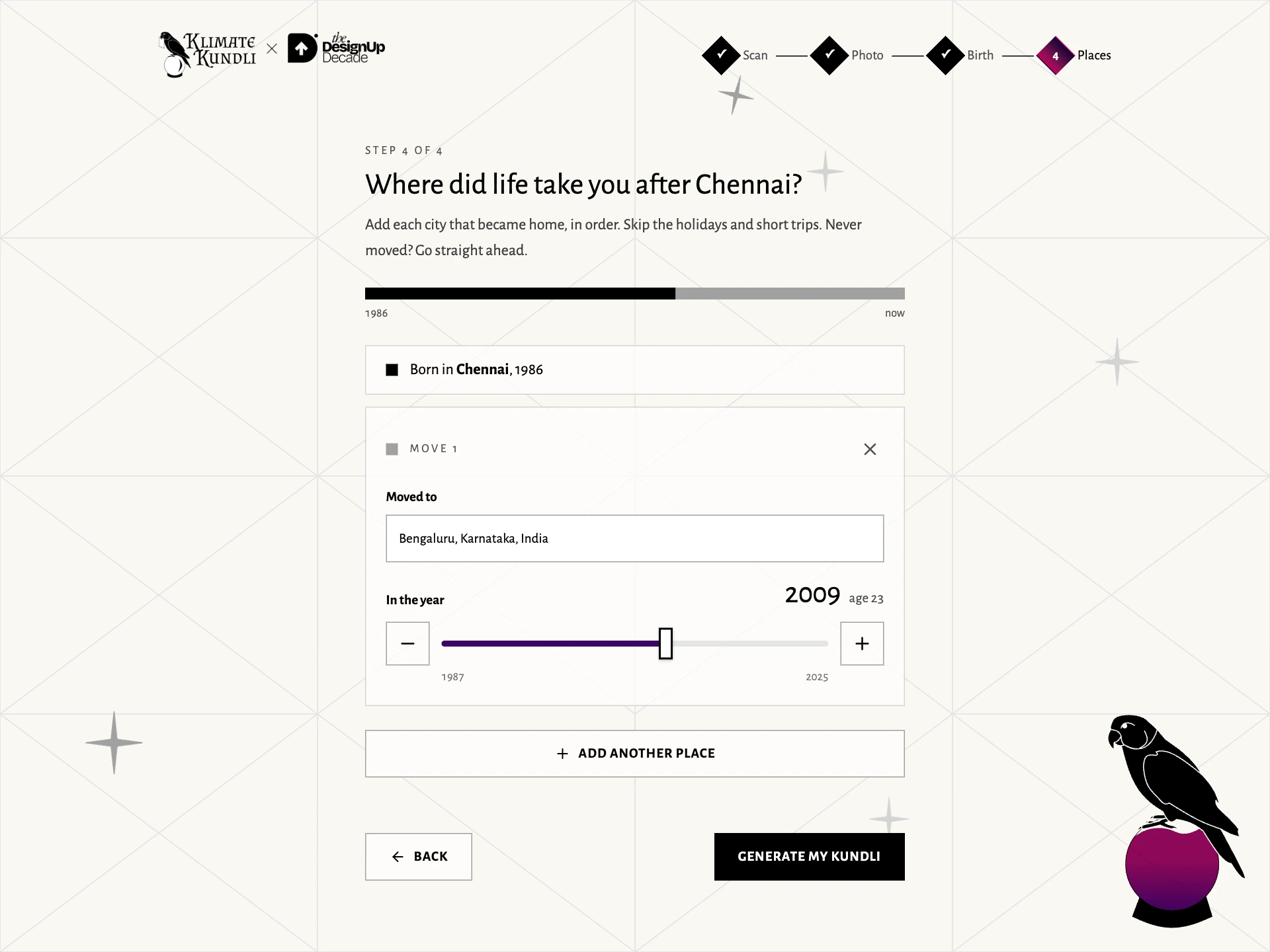 The event version shows a Chennai-to-Bengaluru journey on one page, with a city field, move year, timeline preview and generate button