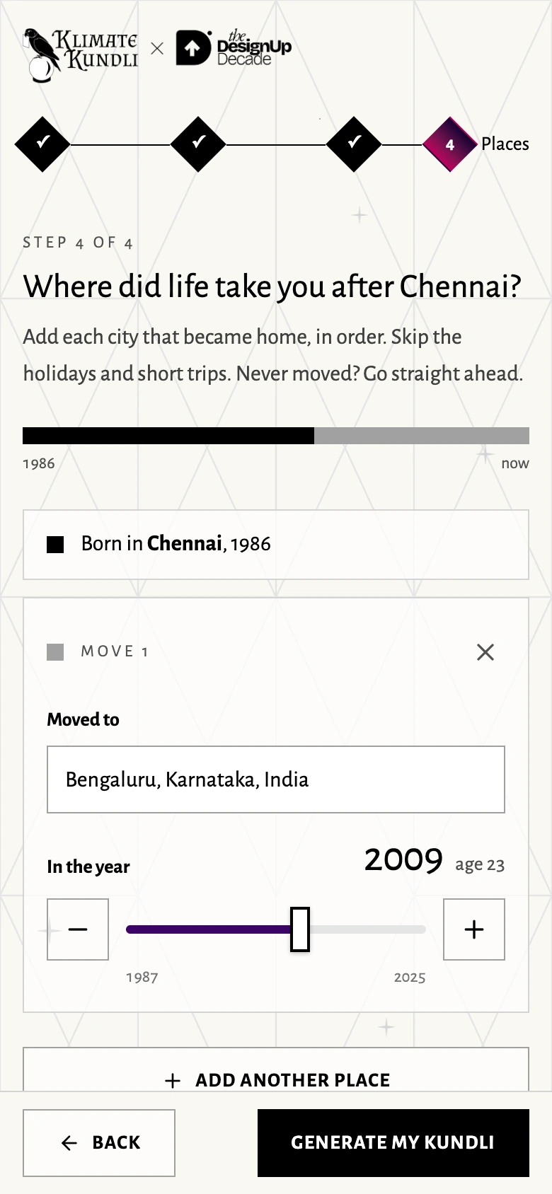 The journey editor on a phone, with birthplace, move city and year visible in one column
