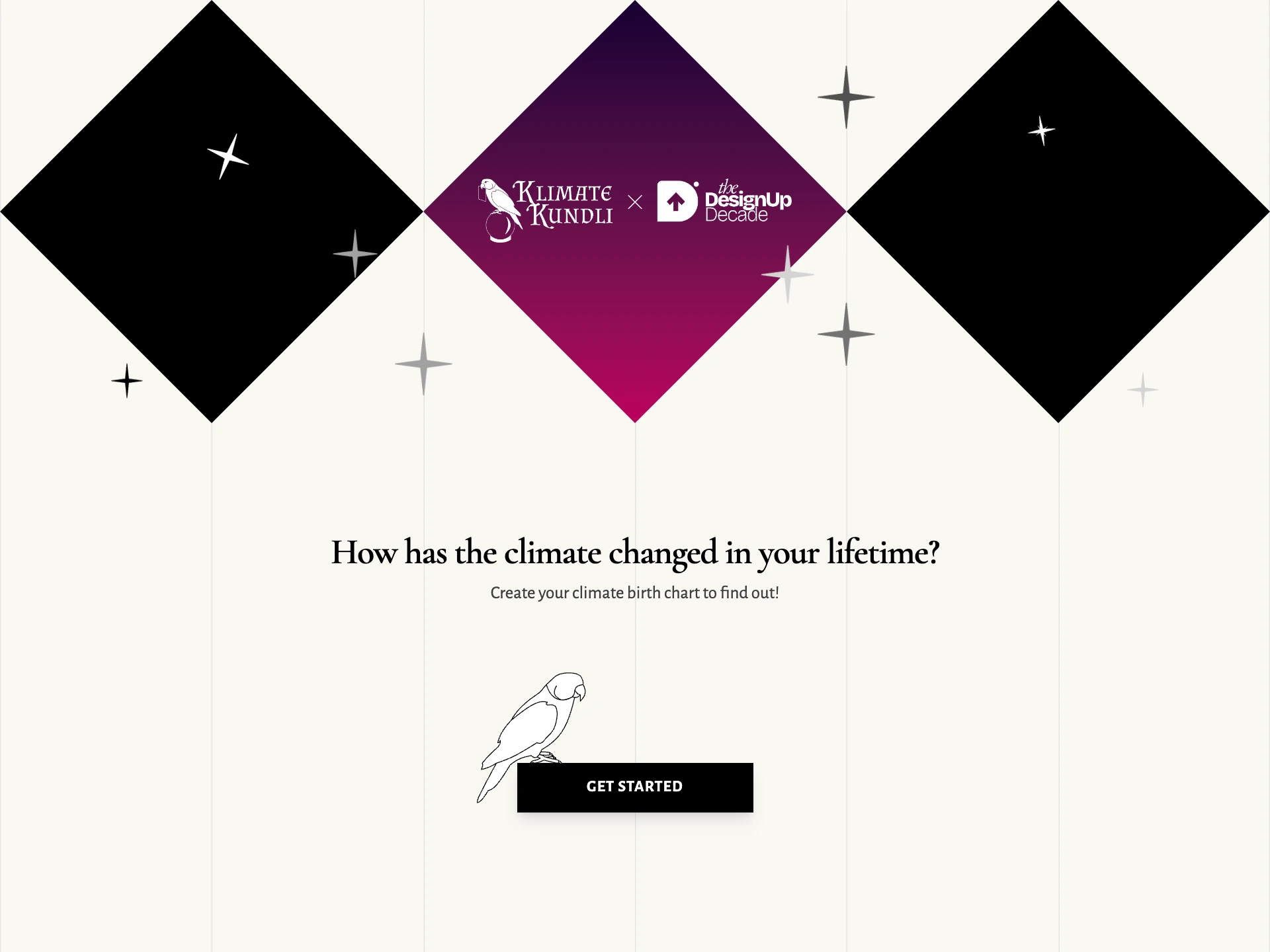 The DesignUp landing page: three kundli diamonds, the event lock-up, scattered stars, and Dodo perched on Get Started
