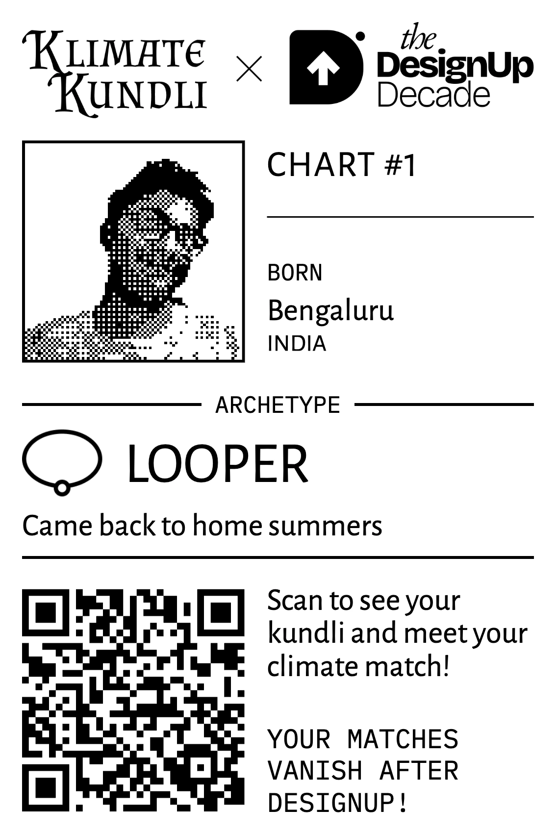 Arko's DesignUp card with his original dithered portrait, chart number 1, Bengaluru birthplace, Looper sign and QR code