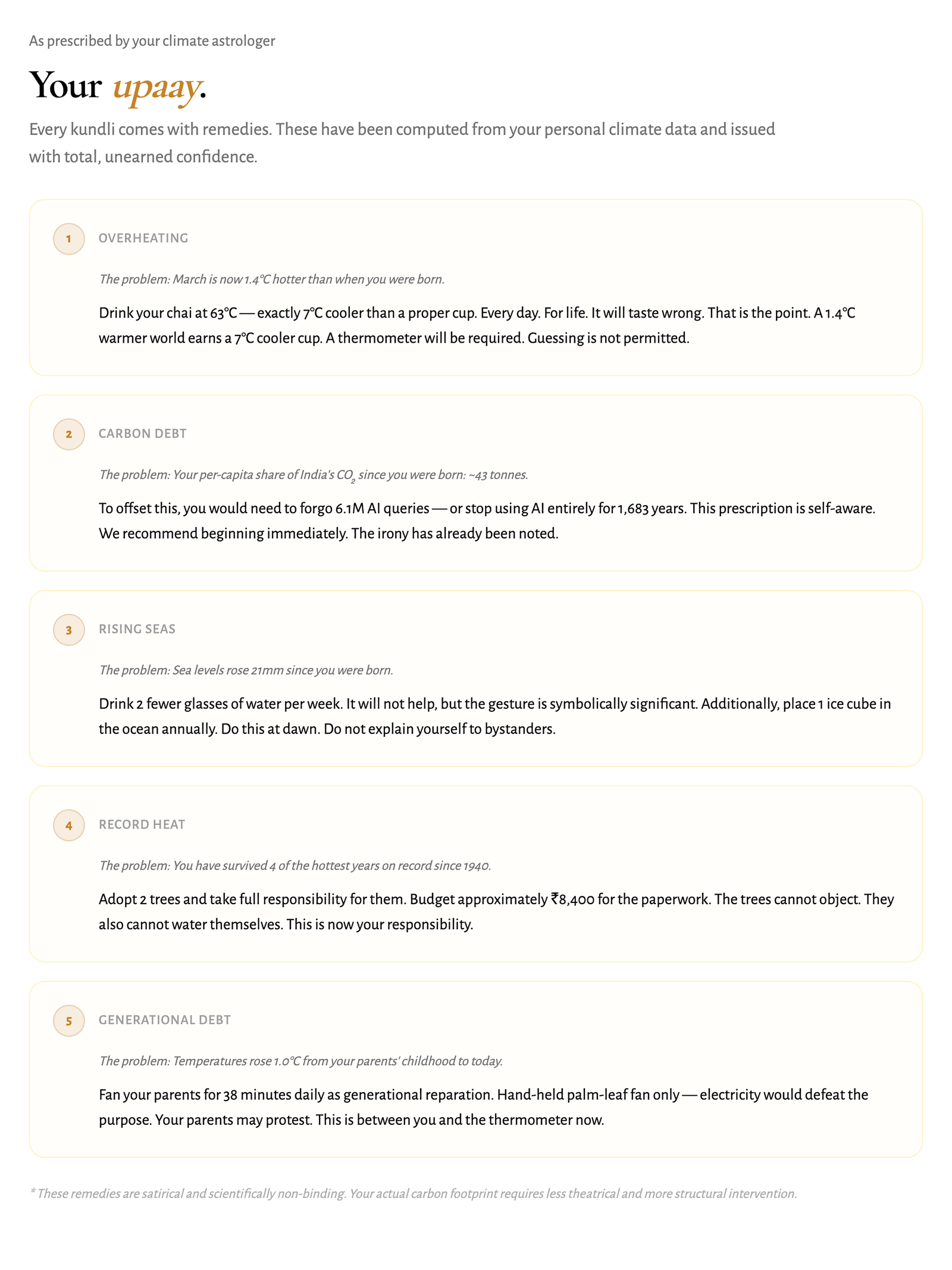 The result page's remedies section, with the kundli voice and a source footnote both legible